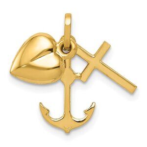 14k Yellow Gold Moveable Anchor, Cross, Heart, (Hope, Faith, Love) Charm Pendant